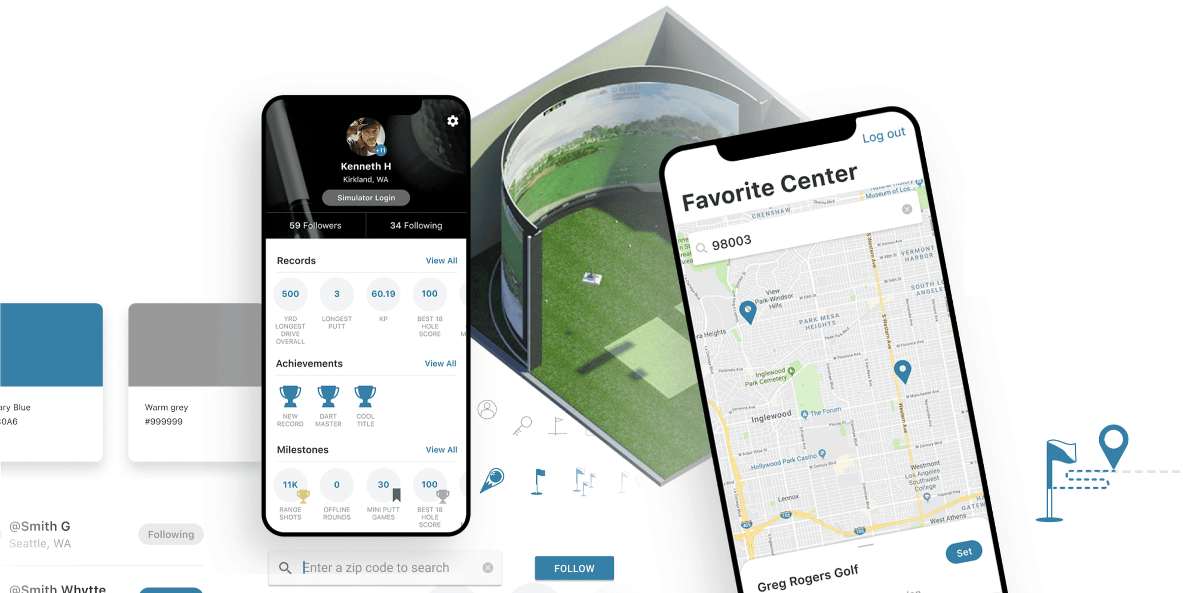 aG Locker app screens showing a golfer profile with records, achievements and milestones, and a map search for nearby simulator venues