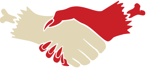Hell Pizza illustration of a red demon hand shaking a human hand