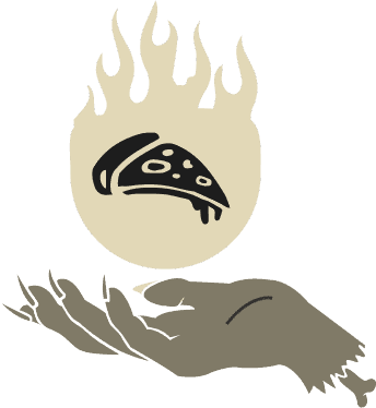 Hell Pizza illustration of a hand offering a flaming slice of pizza