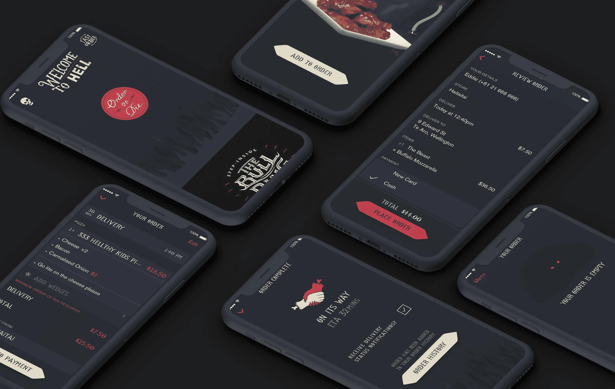 Six dark-themed Hell Pizza app screens including the welcome screen, order summary, review order with payment options, and 'on its way' delivery status