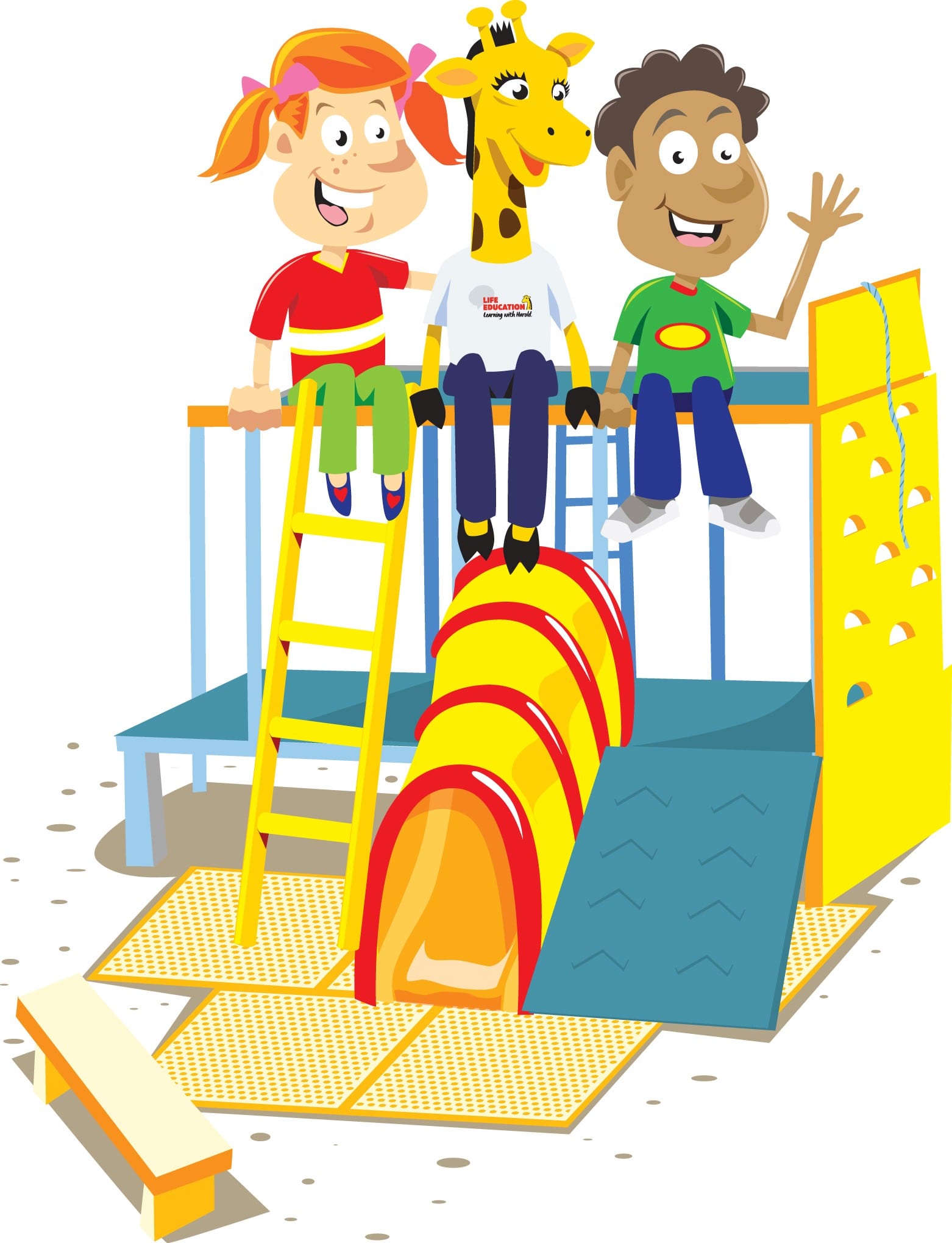Illustration of Harold the giraffe sitting with two children on top of playground equipment