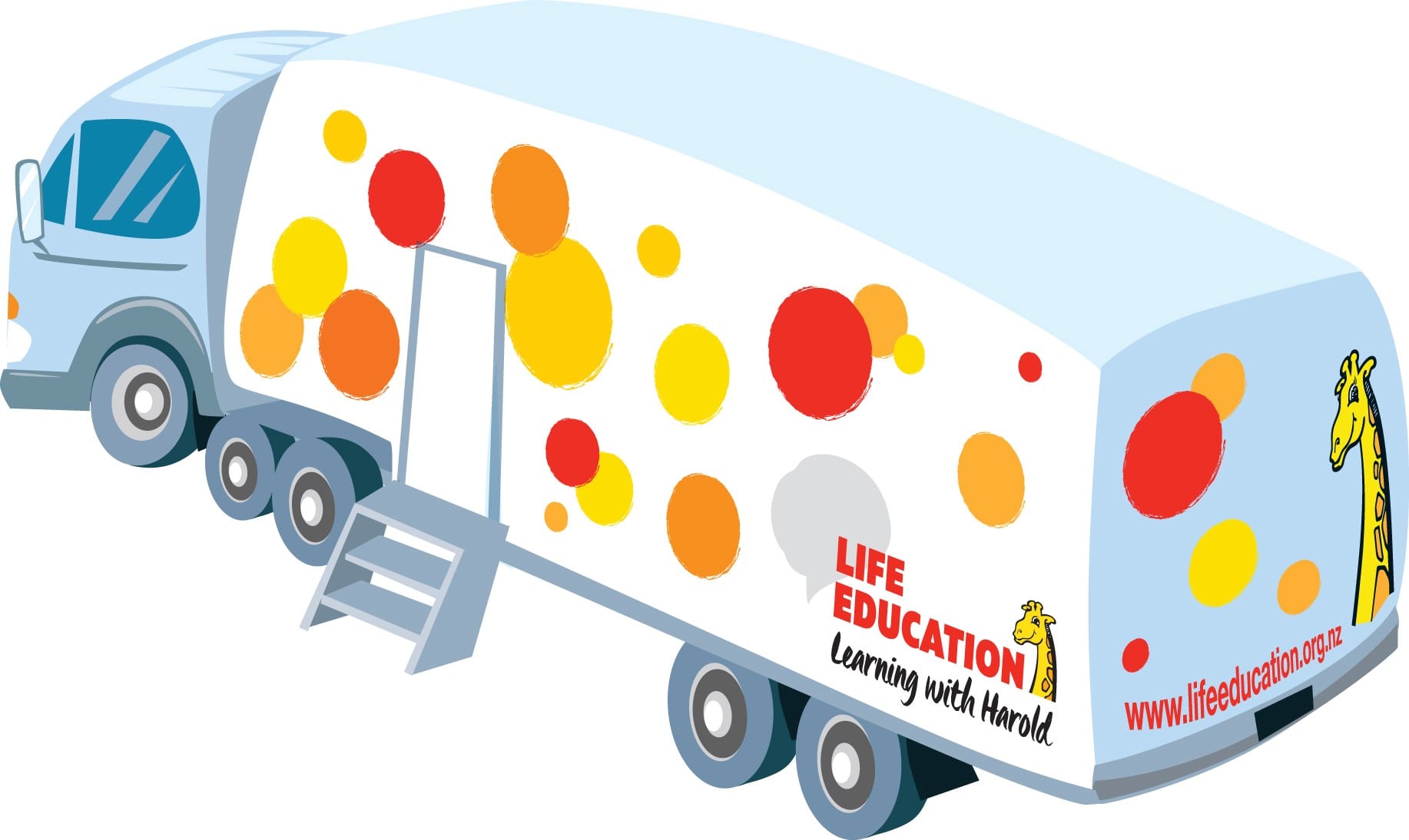 Illustration of the Life Education mobile classroom truck, covered in colourful dots with Harold on the back