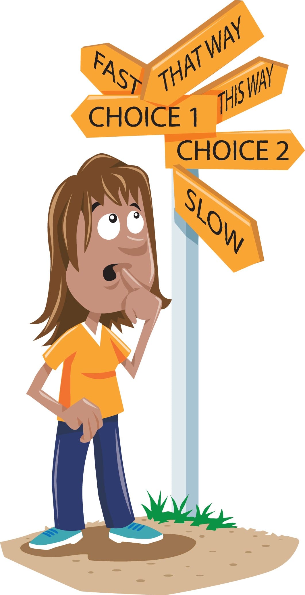 Life Ed illustration of a young person pondering a signpost of arrows labelled fast, slow, this way, that way, choice 1 and choice 2