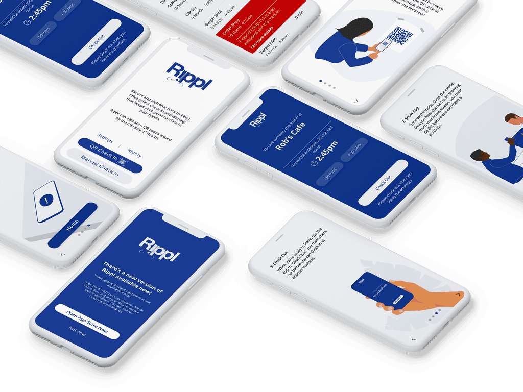 Angled collage of Rippl app screens, including onboarding steps and a check-in at Rob's Cafe with automatic check-out