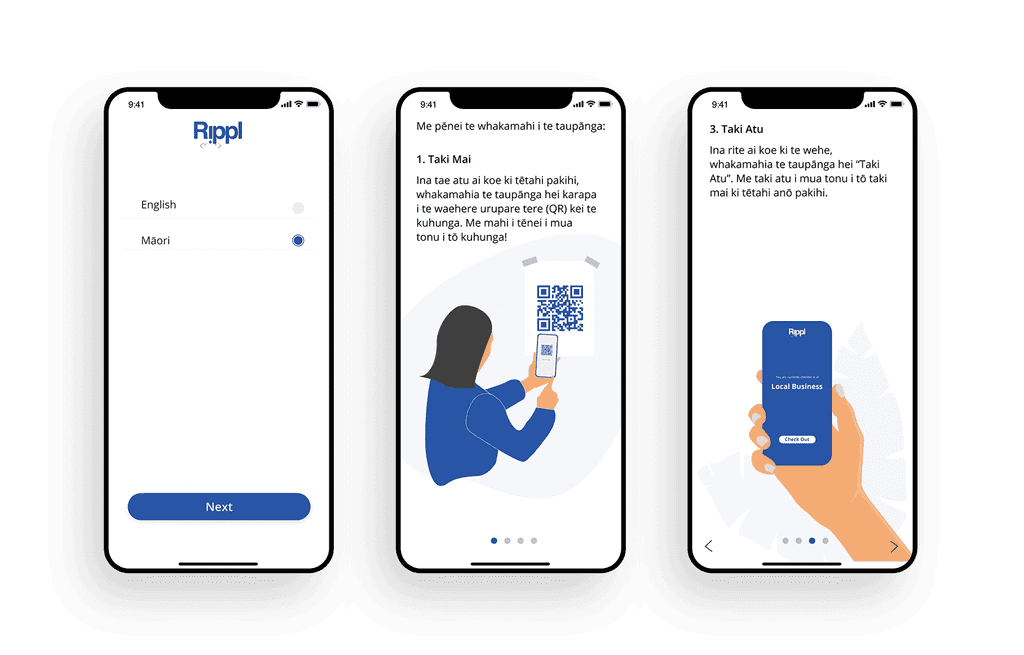 Three Rippl onboarding screens in te reo Māori, showing language selection and instructions for checking in and out with QR codes