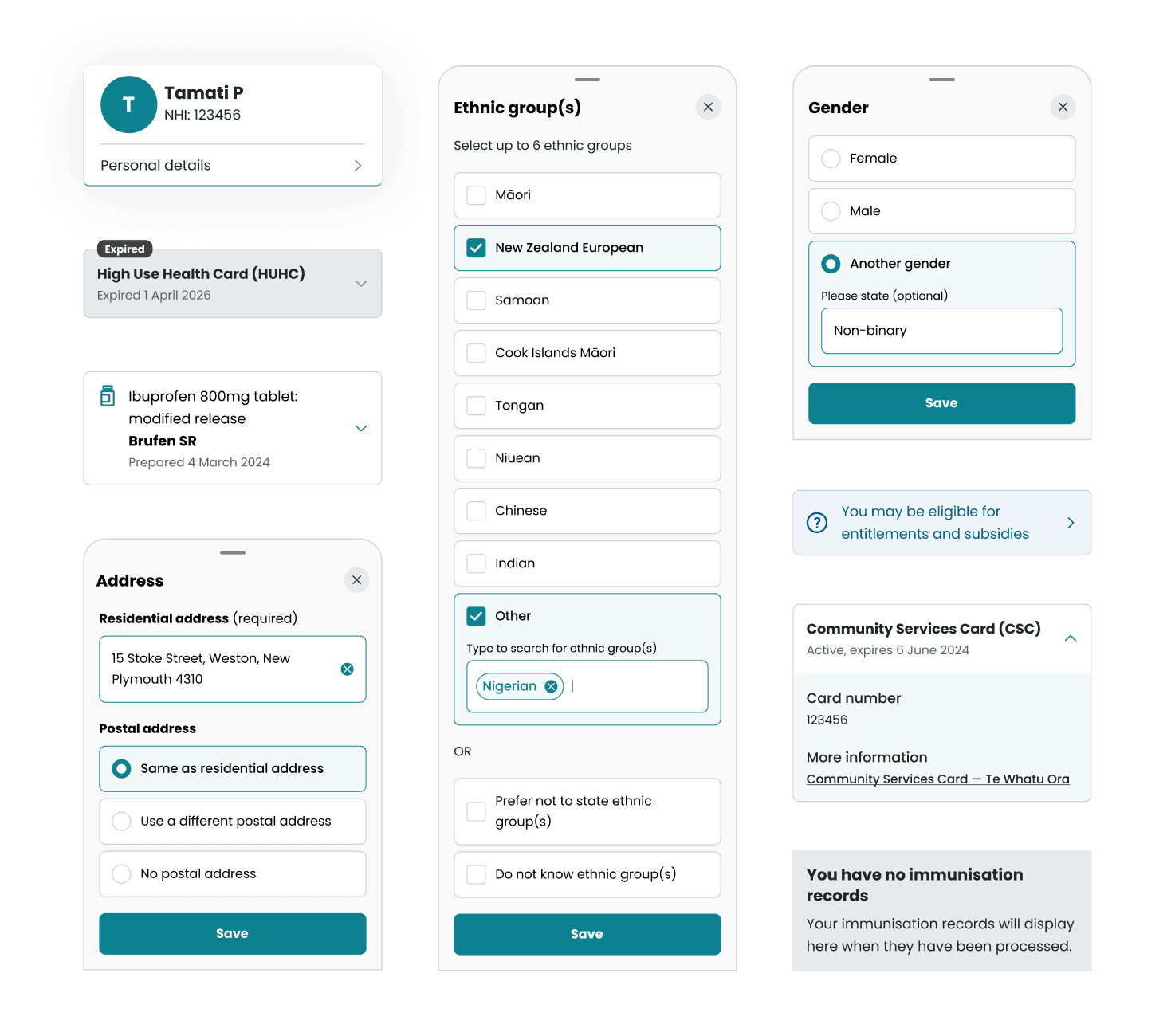 My Health Record app interface components for personal details, medicines, address, ethnic group selection, gender, and Community Services Card information