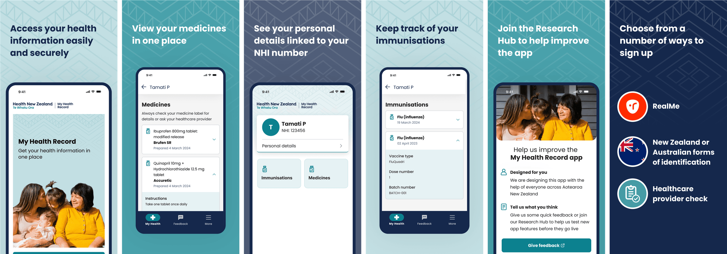 Six My Health Record app screens showcasing secure access to health information, medicines, personal details linked to your NHI number, immunisations, the Research Hub, and sign-up options