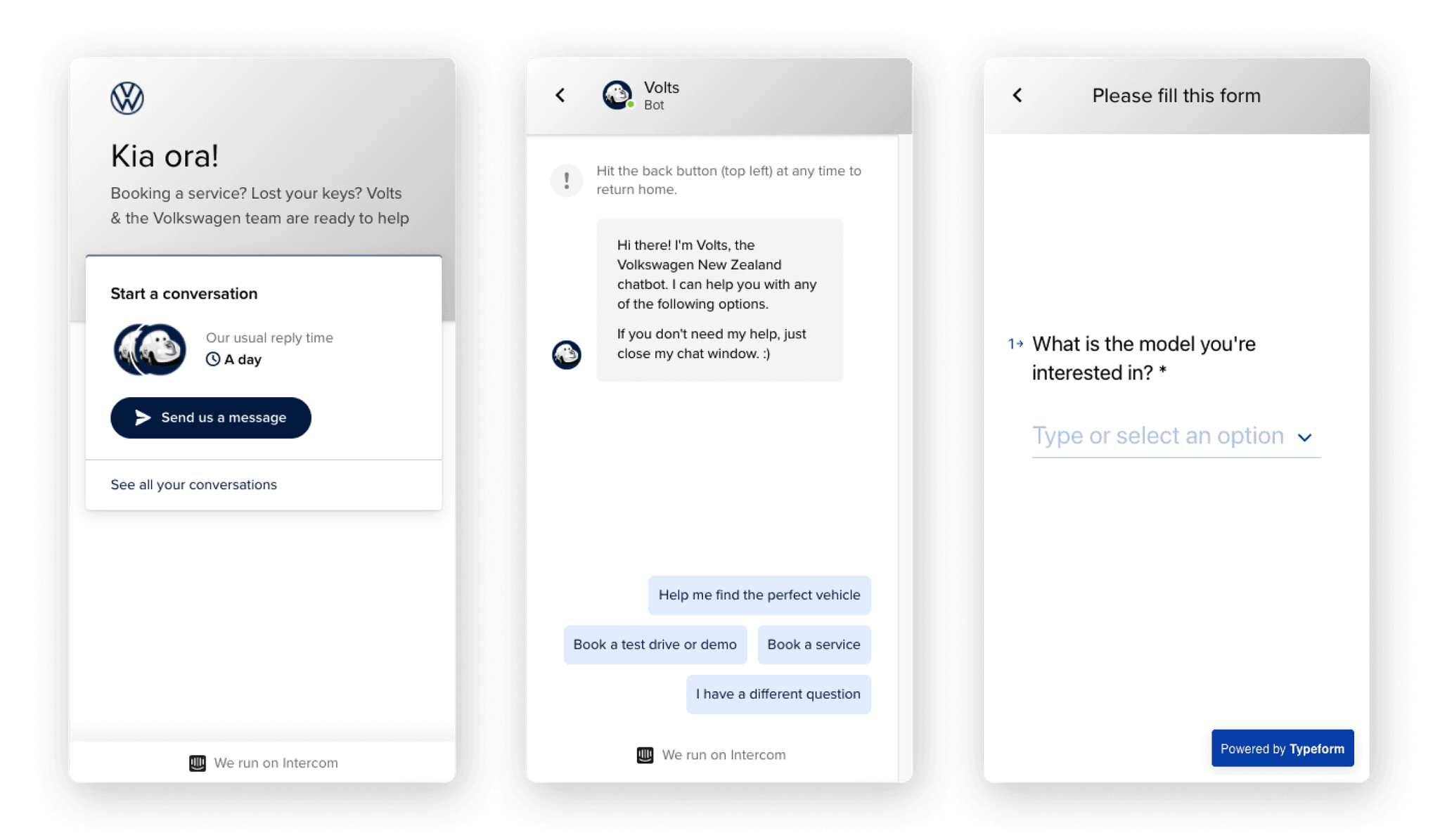 Three mobile screens of the Volts chatbot: a Kia ora welcome, conversation options for booking a test drive or service, and a form asking which model the customer is interested in