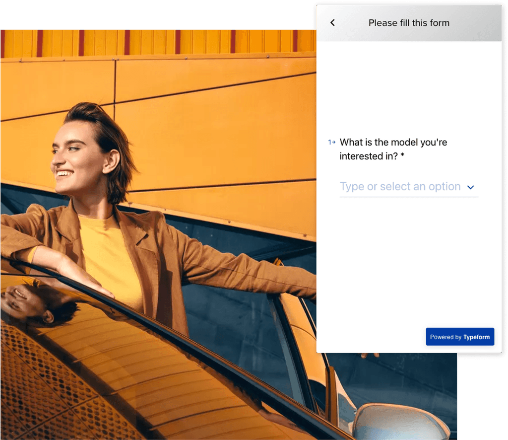 Chatbot lead-capture form asking which Volkswagen model the customer is interested in, beside a photo of a smiling woman leaning on a car