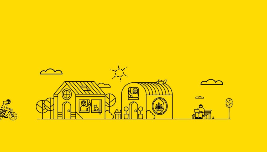 Animated line illustration of a Wellington neighbourhood with houses, a cyclist and a person on a park bench, in Wellington City Council’s yellow and black style