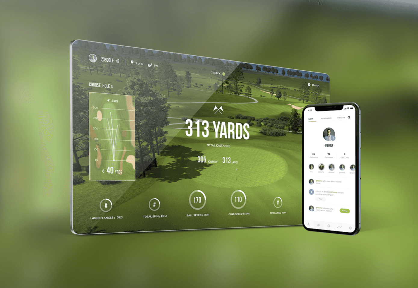 aboutGOLF simulator screen showing shot distance and swing data on a virtual course, with the aG Locker companion app profile on a phone alongside