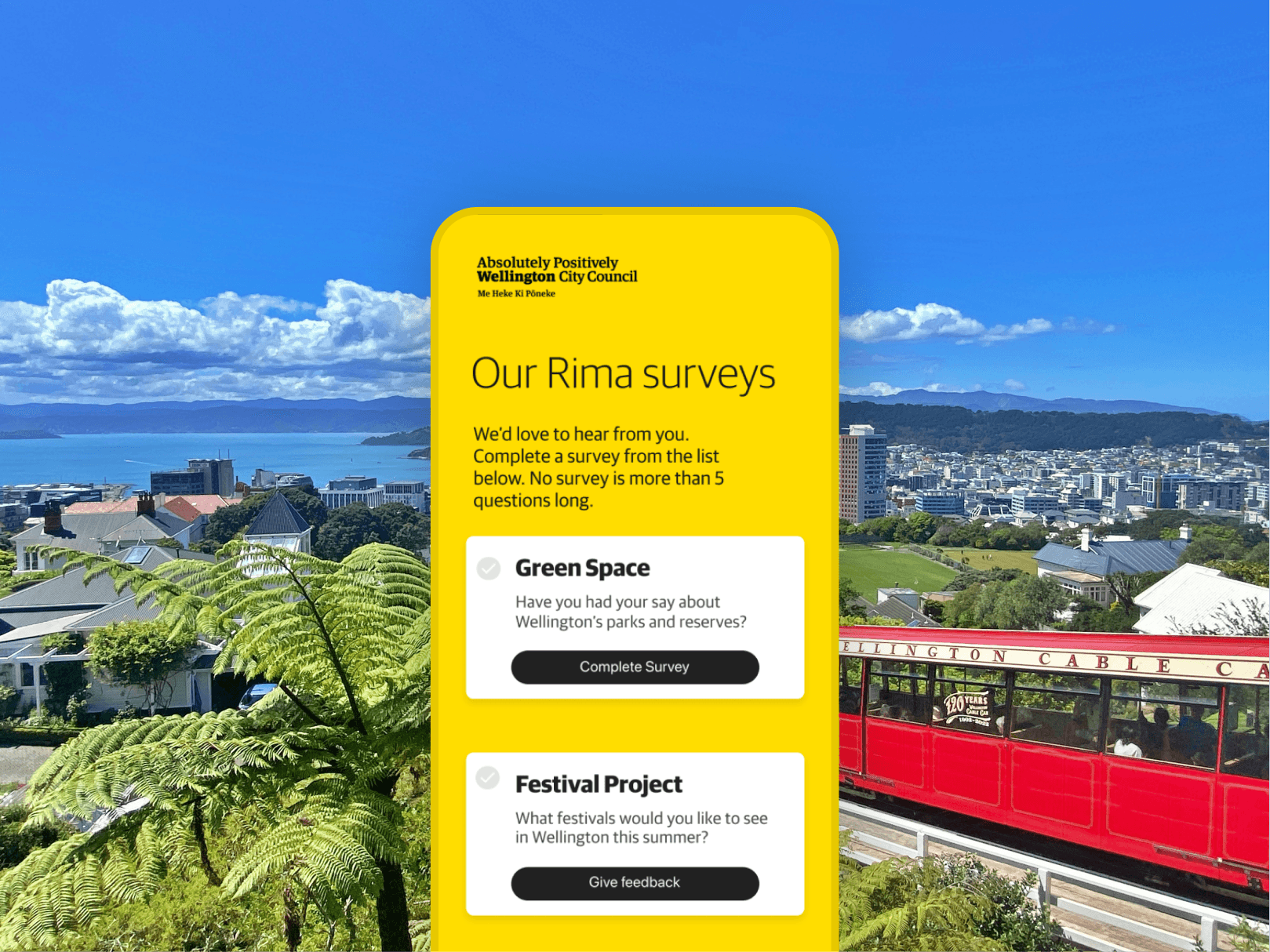 Wellington City Council Rima surveys prototype on a phone, listing short surveys about green space and festivals, against a backdrop of Wellington and the cable car