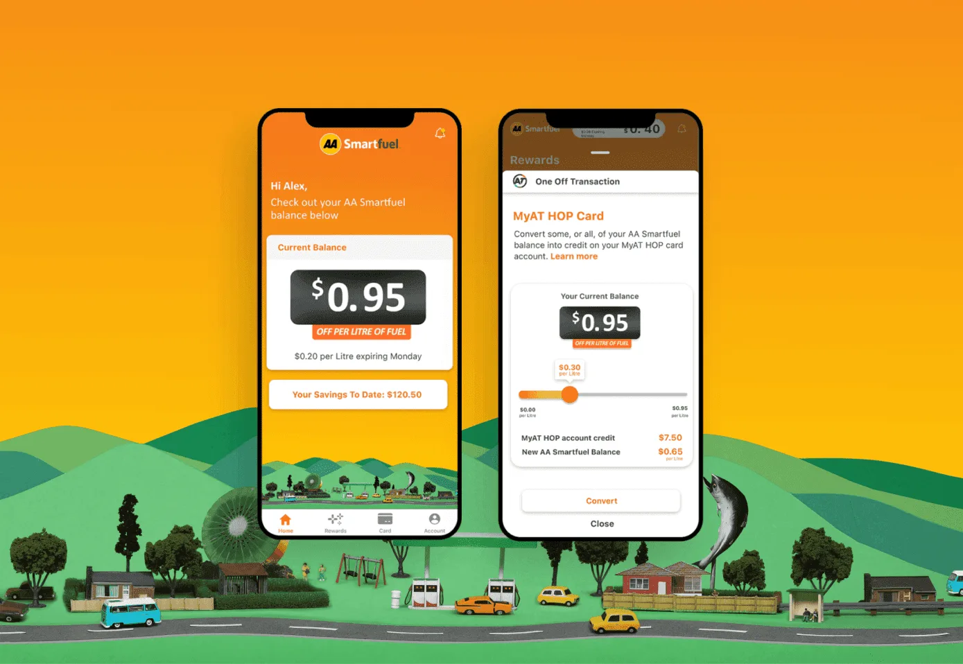 Two AA Smartfuel app screens showing a fuel discount balance and the MyAT HOP card conversion slider, set against an illustrated roadside landscape