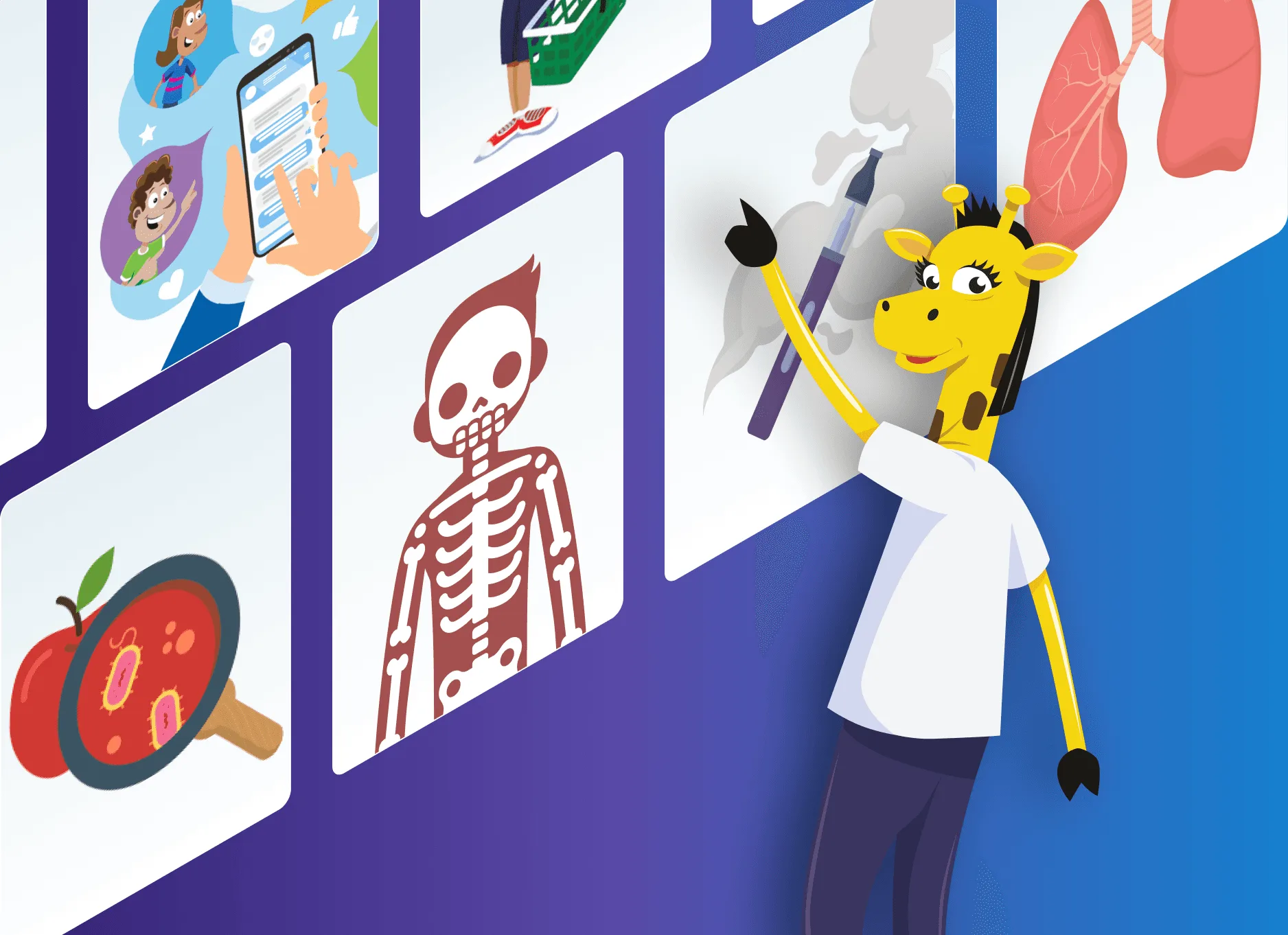 Illustration of Harold the giraffe reaching up to a wall of Life Ed teaching resources on topics like anatomy, vaping and healthy eating