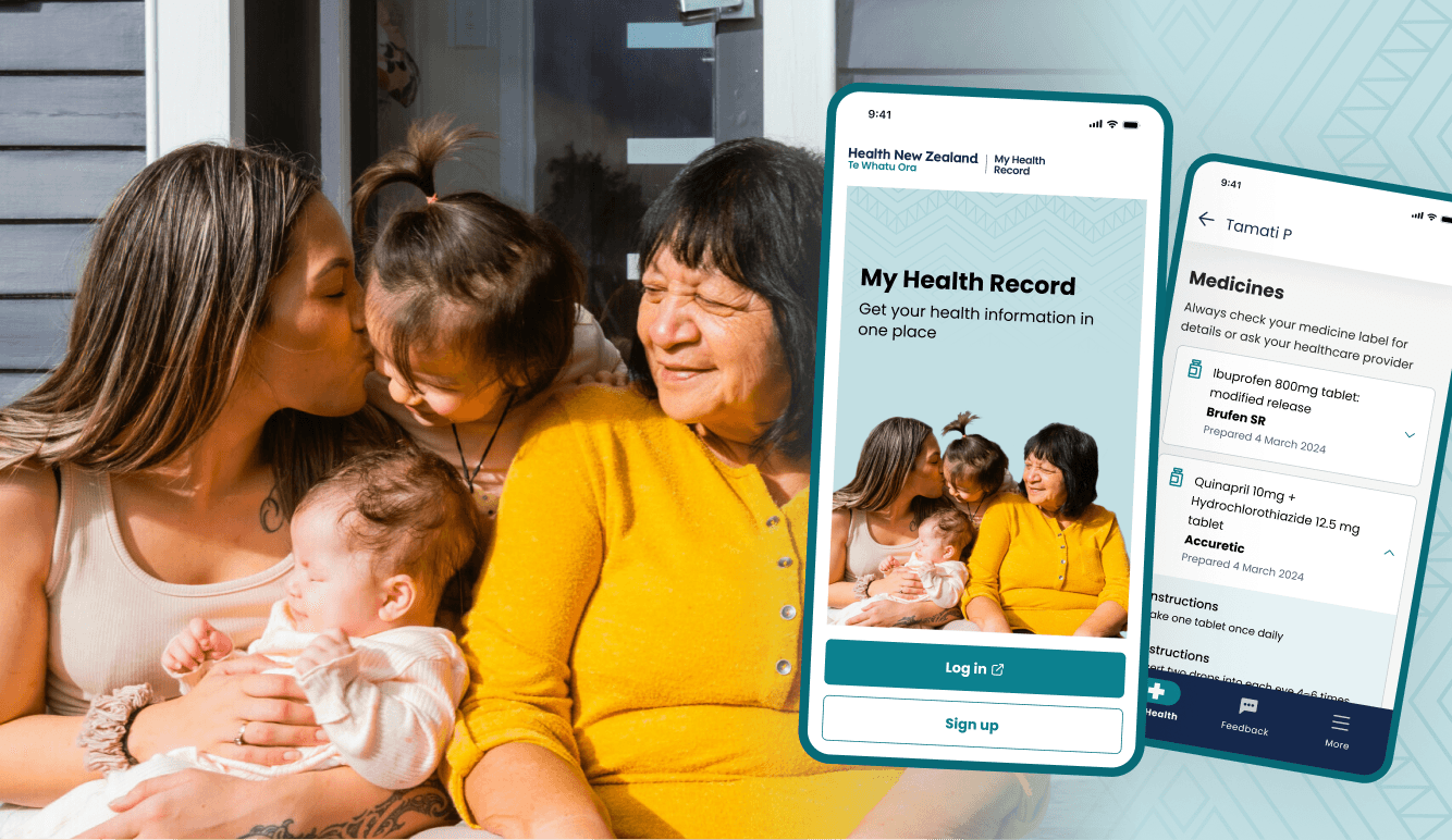 Three generations of a whānau together on a porch, alongside My Health Record app screens showing the Health New Zealand login and a medicines list
